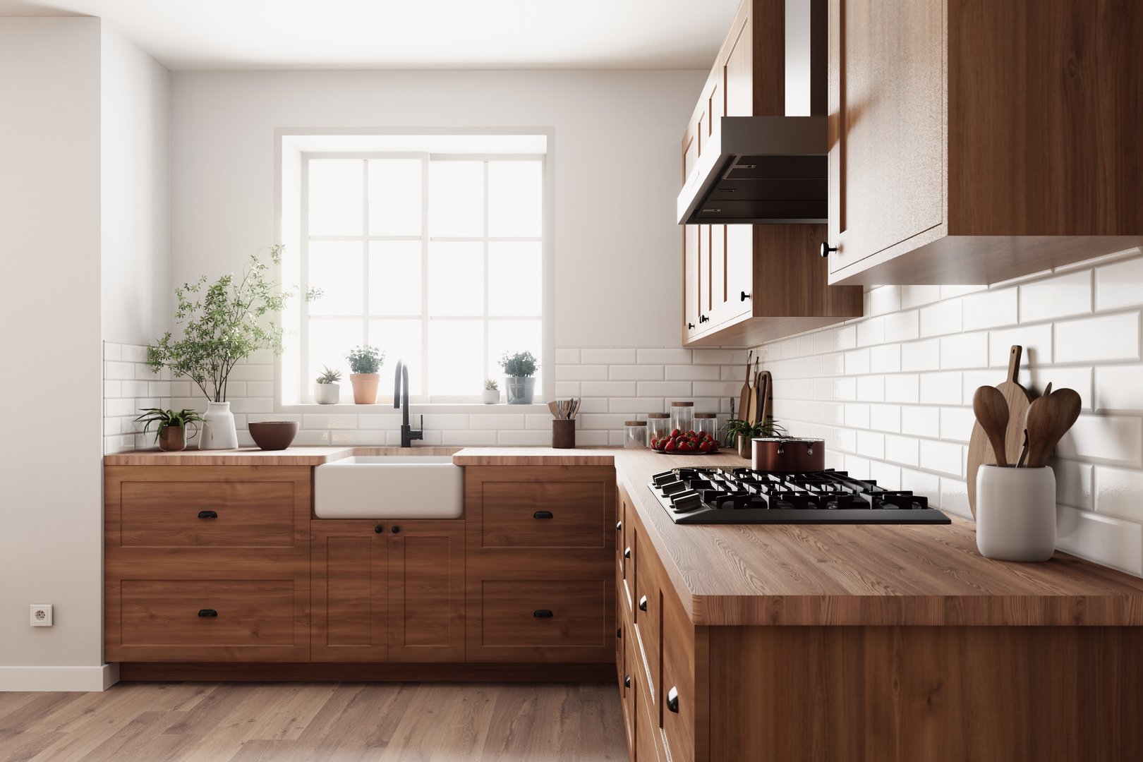 Kitchen with wooden cabinetry and natural light